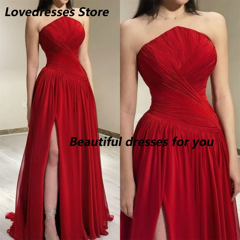 

Customized Elegant Red Long Prom Dresses Strapless Chiffon Pleated Side Split Party Gowns Special Banquet Club Evening Dress