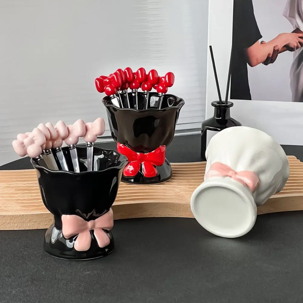

Bowknot Ceramic Fruit Forks Set Creative Ins Style Dessert Forks with Storage Jar Solid Color Decorative Stainless Steel Fork