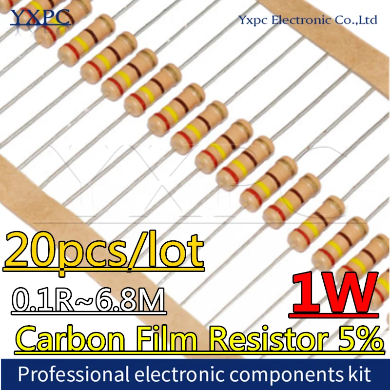 20pcs 1W Carbon Film Resistor 5% 0.1R~6.8M 10R 100R 220R 330R 470R 1K 2.2K 3.3K 4.7K 10K 22K 47K 100K 1M 10R 100 220 330 470 ohm