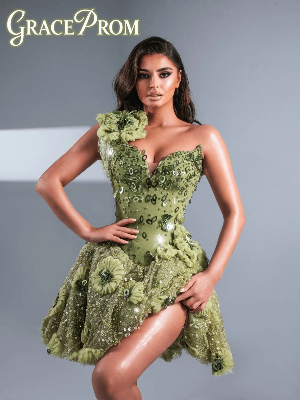 

Vintage Soirée Refined 3D Floral Sequin Mini Evening Dress 2026 Timeless One-Shoulder V-Neck Ruffled Party Gown فساتين س