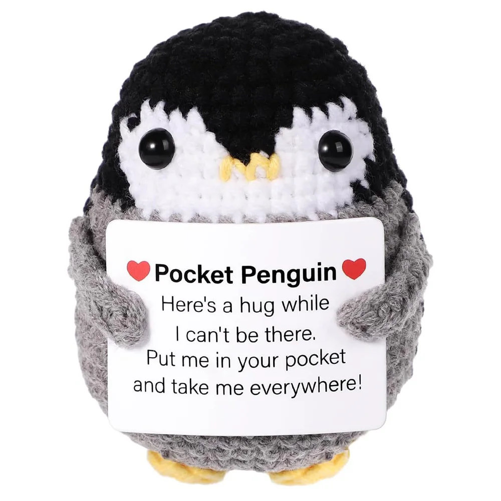 Positive Energy Penguin Hug Pocket Mini Handmade Plush Wool Knitting Doll With Card Funny Christams Gift Home Room Decoration