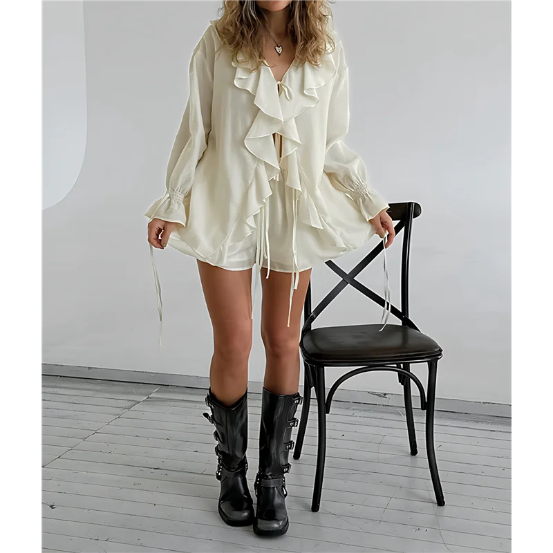 

【SEE】Women's French V-Neck Loose Ruffled Shirt And Shorts Suit Two-Piece Suit