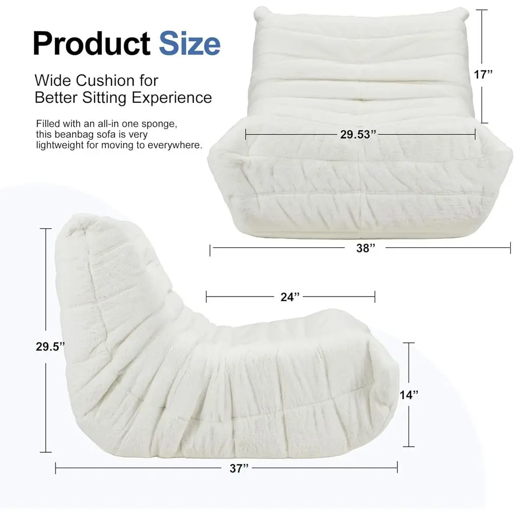 كرسي بين باج من إسفنج الذاكرة العملاق - أريكة من القطيفة من الفرو الصناعي للبالغين، غرفة المعيشة، غرفة النوم، المكتب (أبيض، فردي) #2