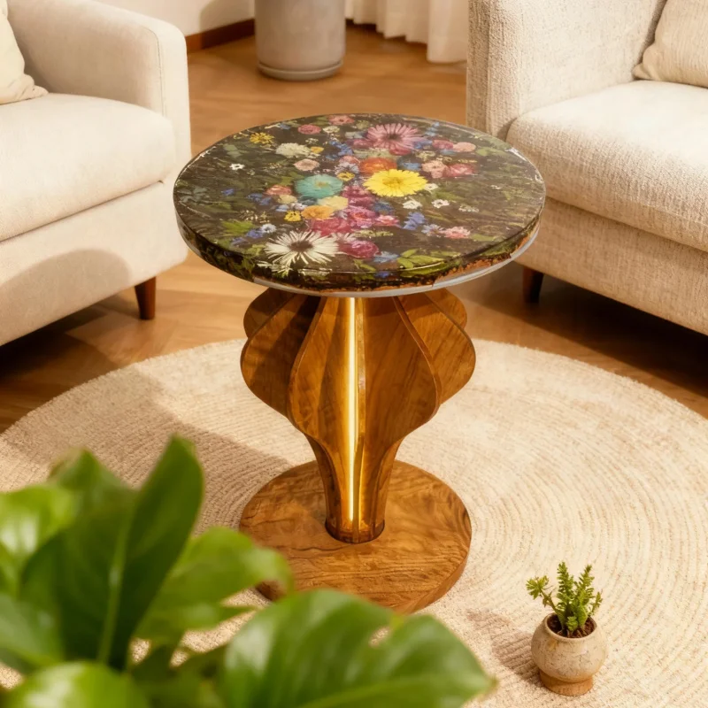 custom.Handmade Customized Resin Crafts Home Furniture Wood Table Leg Round Epoxy Resin Dining Table Resin Flower Coffe