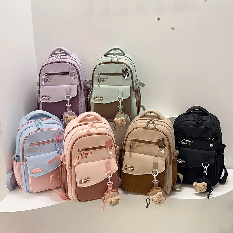 Girls Backpack Lightweight Ergonomic Nylon Sweet Color Block Student School Bag Campus Casual Backpack
