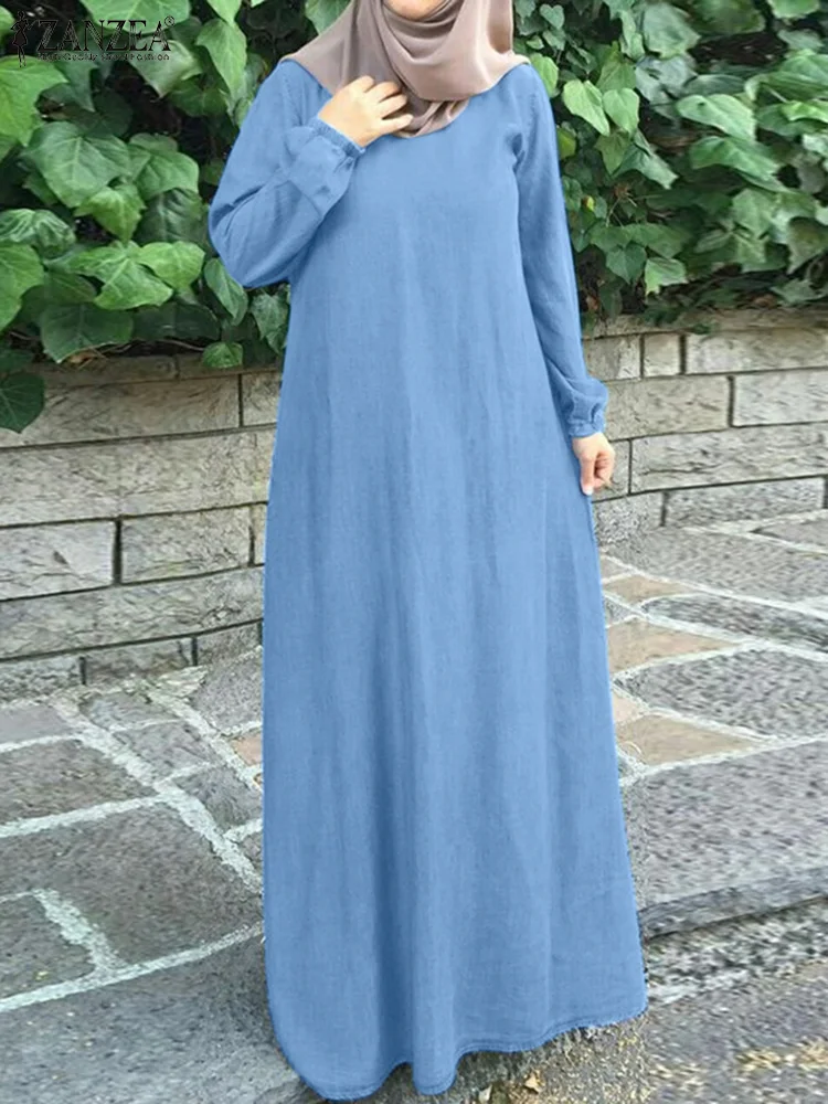 ZANZEA Muslim Islamic Long Sleeve Women's Maxi Dress Casual Denim-Look Hijab O Neck Abaya Robe 2025 Spring Daily Loose Vestidos