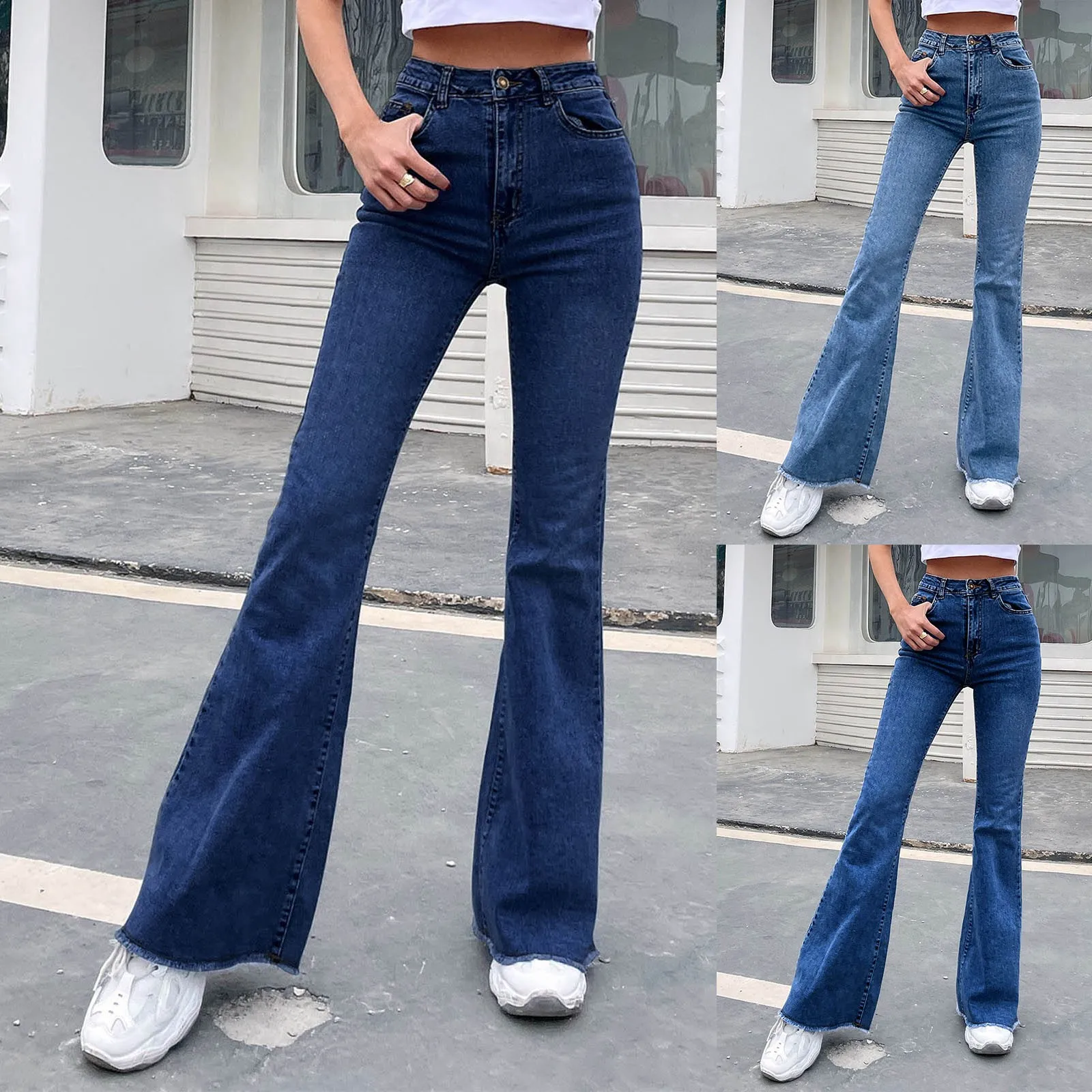 

High Waist Spring And Autumn New Wide Leg Elastic Slim Stitching Denim Flared Jeans Trousers Workout Jogging