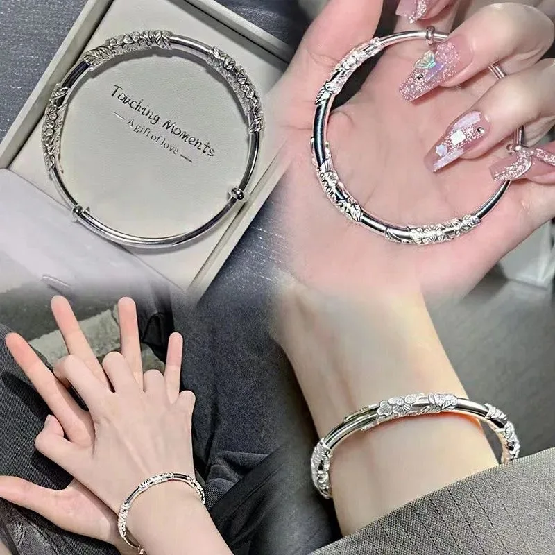 

Elegant Silver Flower Bracelet for Women Lightweight Adjustable Luxury Open Bangle Solid Silver Color Jewelry