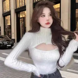 Pure Desire Style Short High Collar Knitted Sweater Fake Mink Autumn Winter New Design Sexy Short Hollow out Base Top for Women