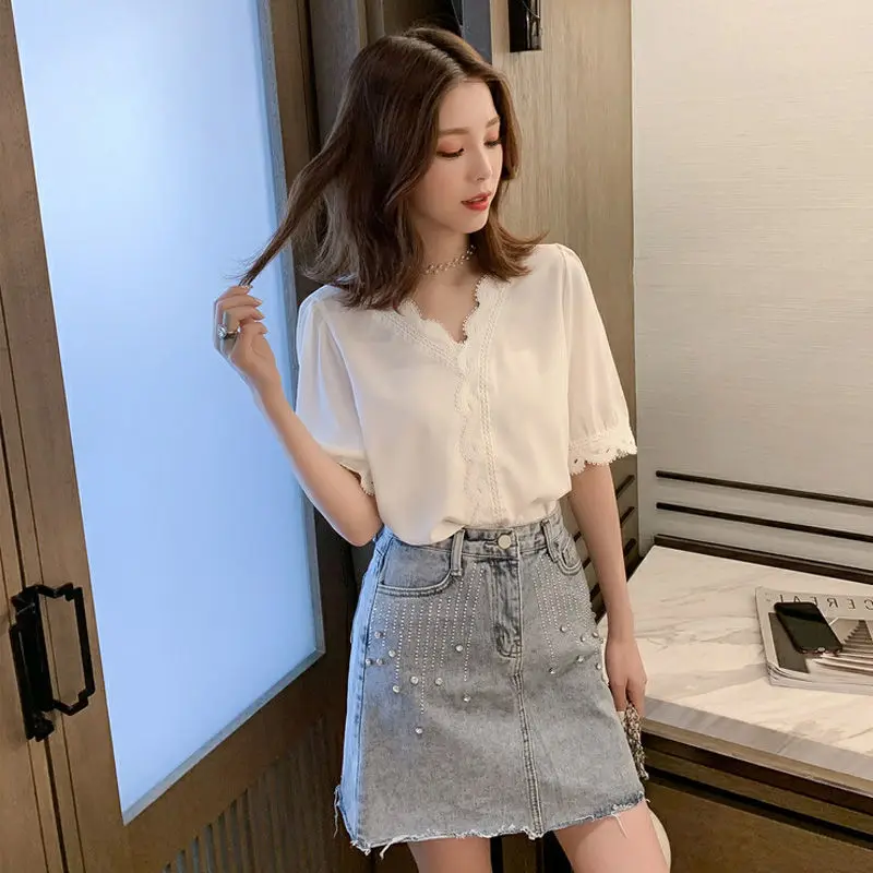 Shirt Top 3/4 Sleeves Loose Korean Summer T-shirt Lace Panel Chiffon Shirt