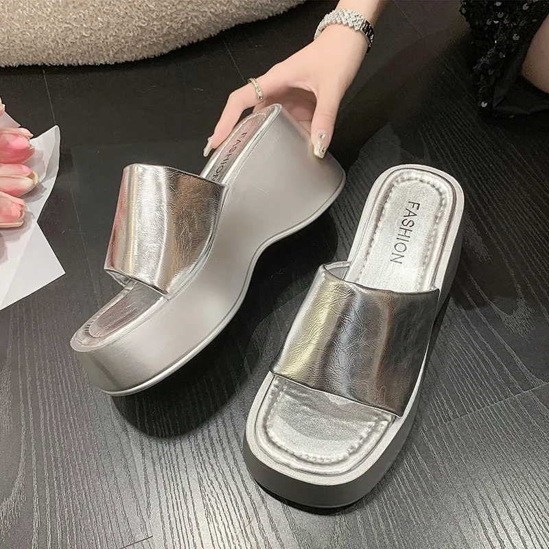 Platform Sandals For Women Wedge Slingback Fashion Metallic Glitter Open Toe Slipper Shoes 2023 Spring Casual Slip On Sandals