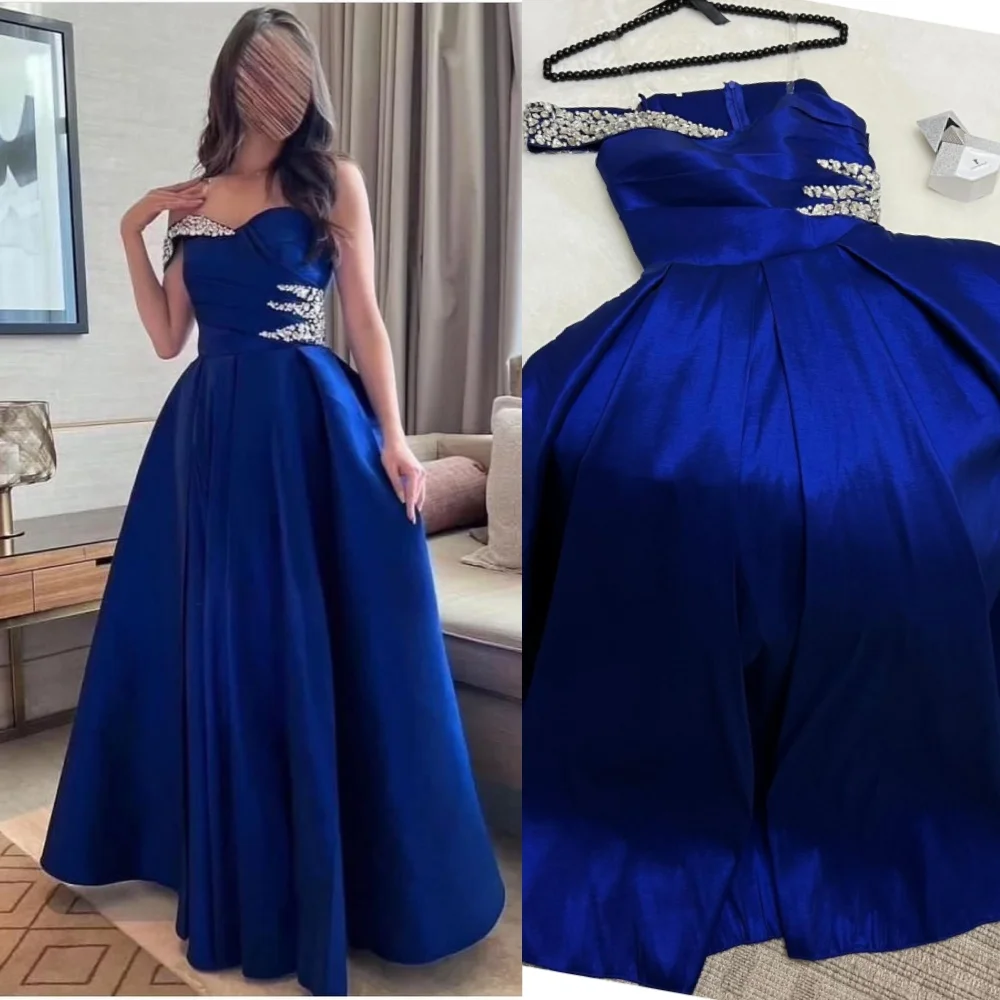 

High Quality Sparkle Exquisite Satin Beading Draped Pleat Beach A-line Off-the-shoulder Bespoke Occasion Gown Long Dresses