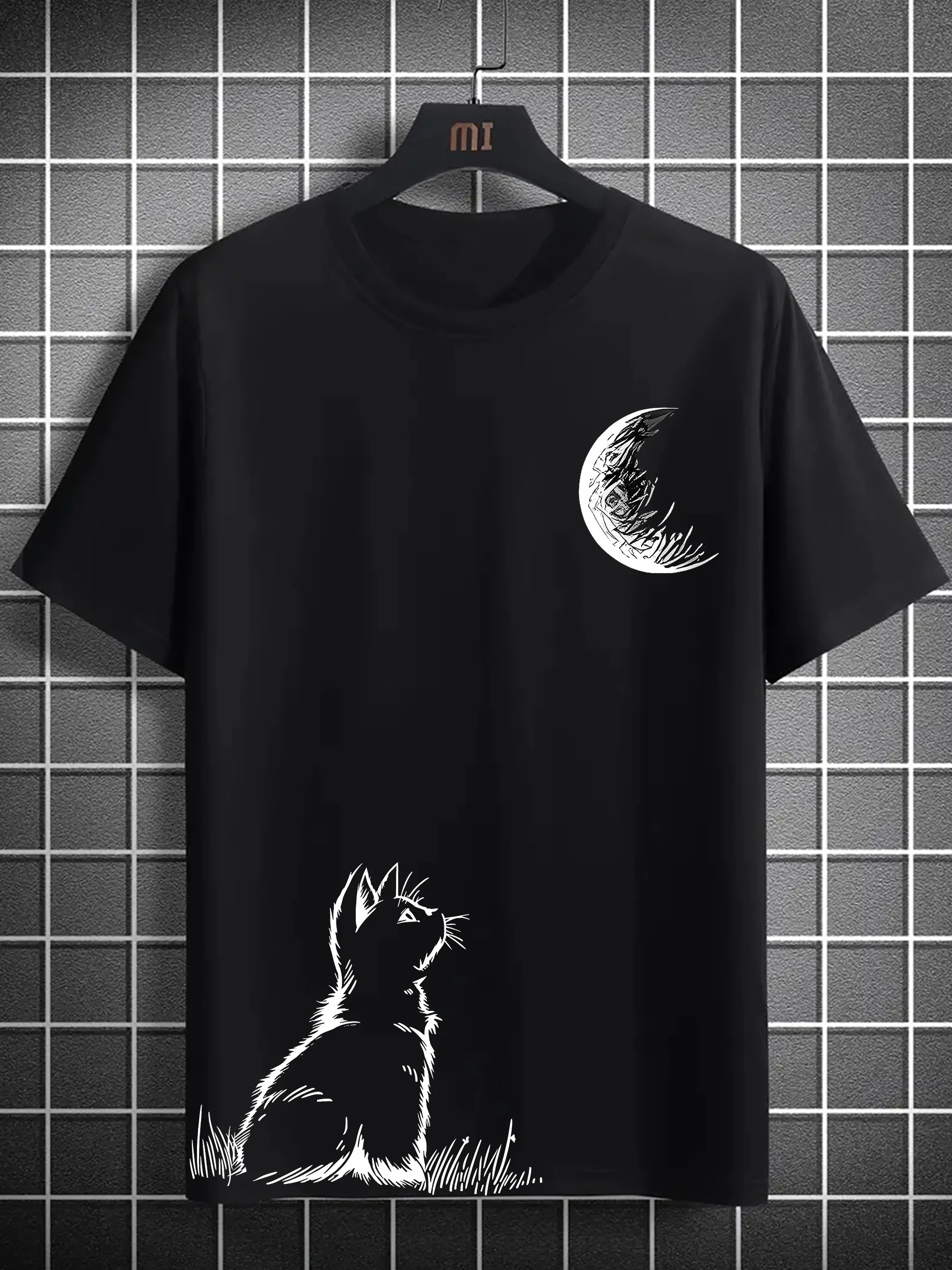 Men's summer 100% pure cotton cat looking moon graphic print fashionable casual sports loose round neck short sleeved T-shirt