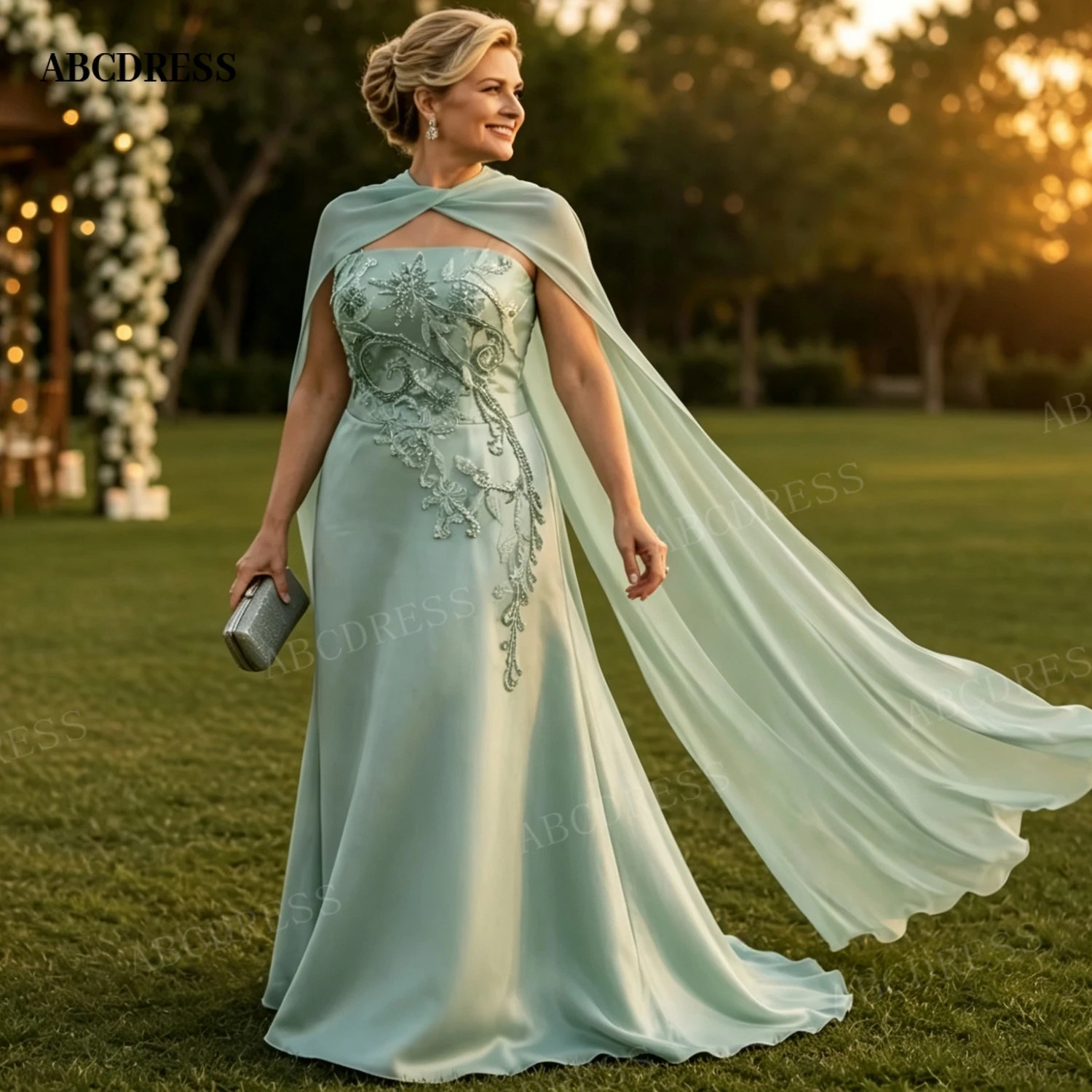 ABCDRESS Custom Chiffon A Line Mother Of The Bride Dress With Cape Floral Beaded Embroidery Formal Wedding Guest Evening Gown