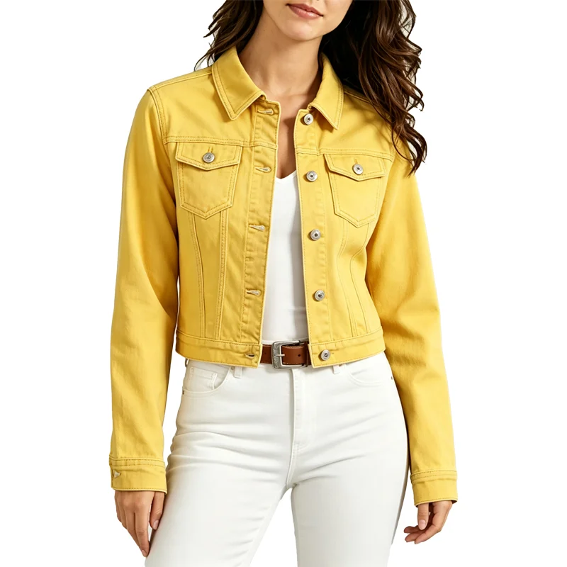 Women's Denim Jacket Slim Fit Vintage Korean Style Stand Collar Long Sleeve Short Lady Outerwear Button Solid Casual Streetwear