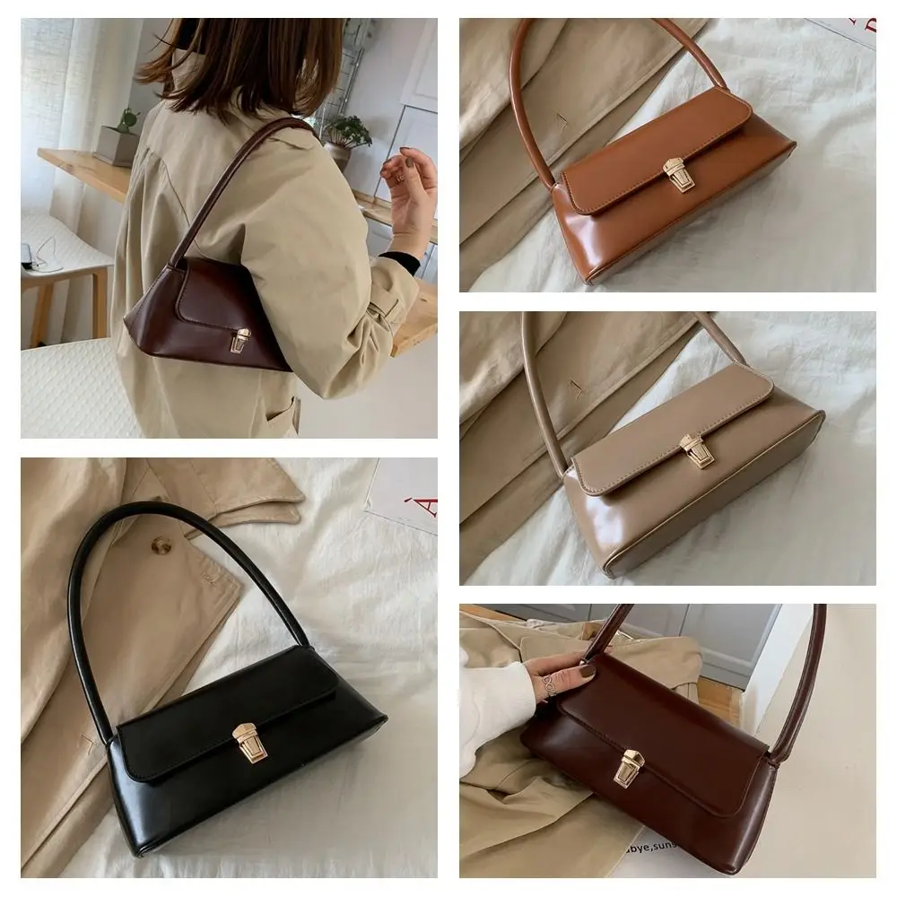 Saco de axilas cor sólida casual, bolsa de mão fivela metal, mensageiro de luxo, couro PU, bolsa de ombro retro, bolsa diária