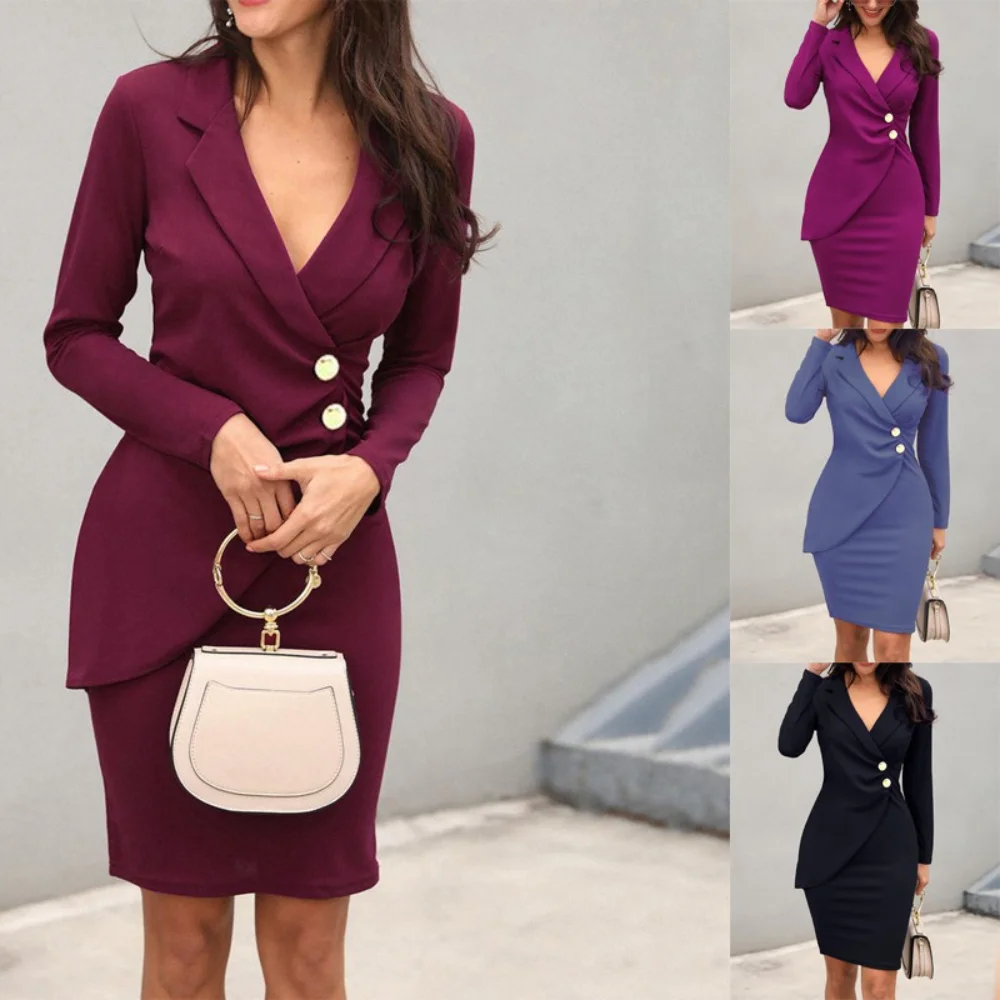 Irregular Design Long Sleeved Mid Dress Women Slim Fit Button Breasted Professional Dresses