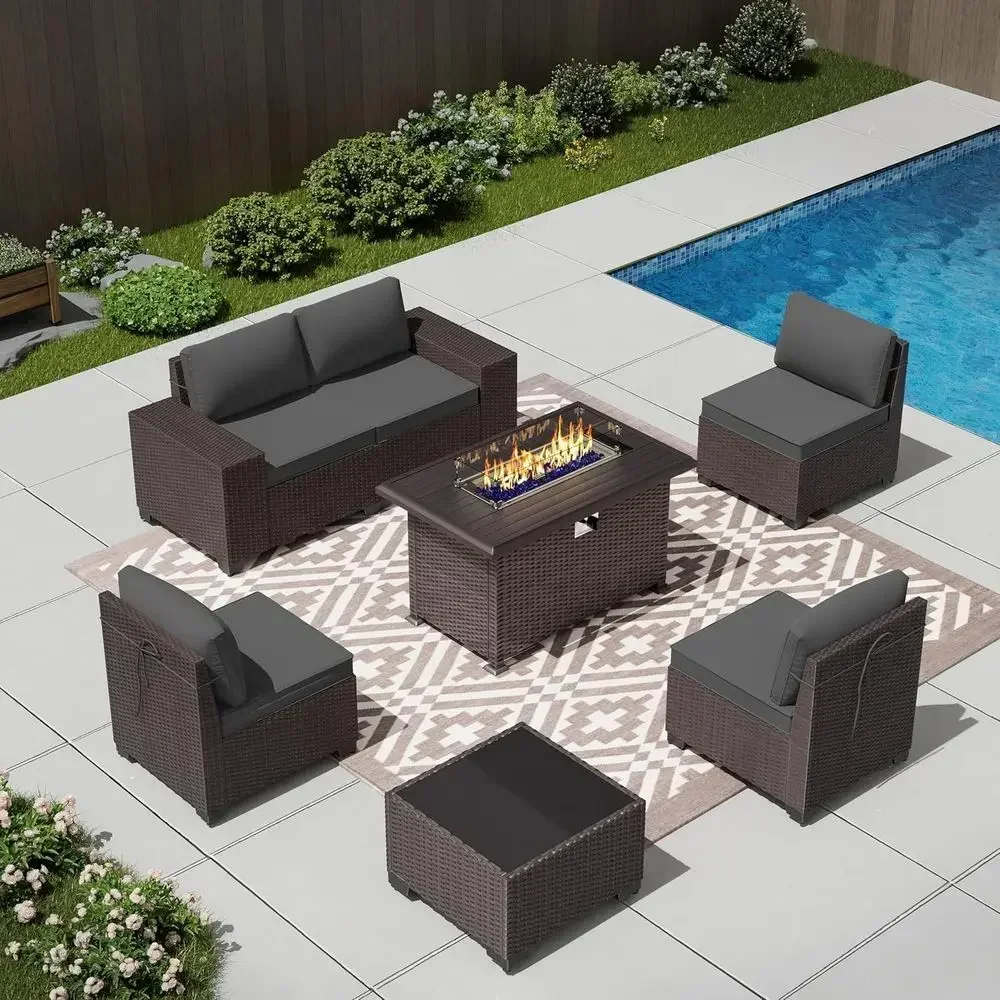 7-Piece Outdoor Patio Sectional Furniture Set with 43 Gas Propane Fire Pit Table, All-Weather Grey PE Rattan Wicker Patio Conver