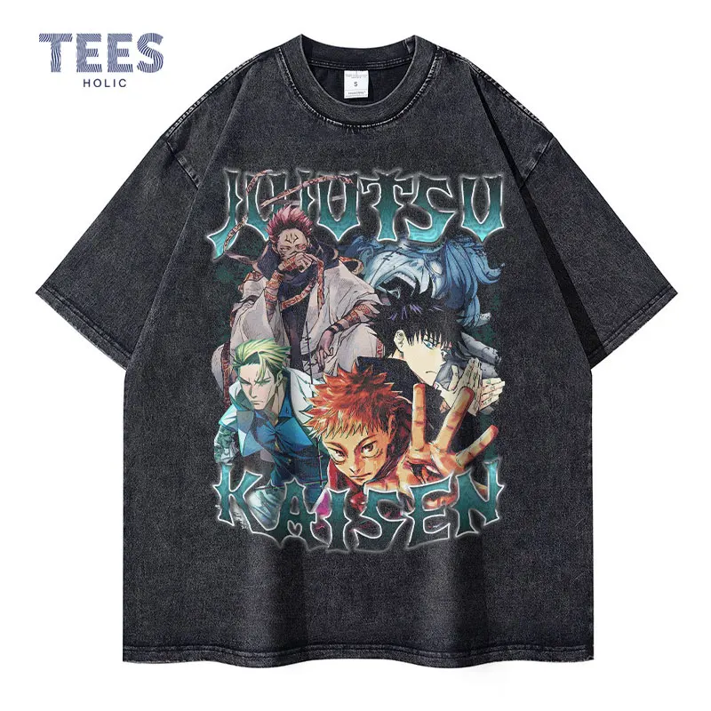 Itadori Yuji T Shirt Vintage Washed Anime Jujutsu T-shirts Oversize Streetwear Gojo Satoru Megumi Toji Choso Manga Tops Tees Man