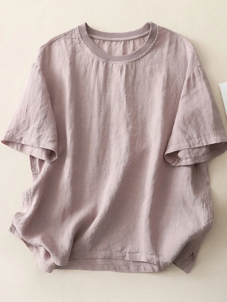 Cseta Retro de lino y aodón con cuello redondo y manga corta para mujer, Top informal de verano de Color sólido con empa...