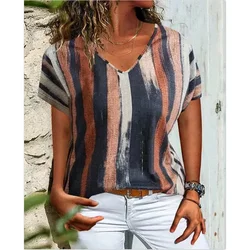 Striped Color Block 3D Printed T-Shirts Women's Casual Fashion Vintage Short Sleeve V-Neck T Shirt Girl Tees Tops Woman Clothing