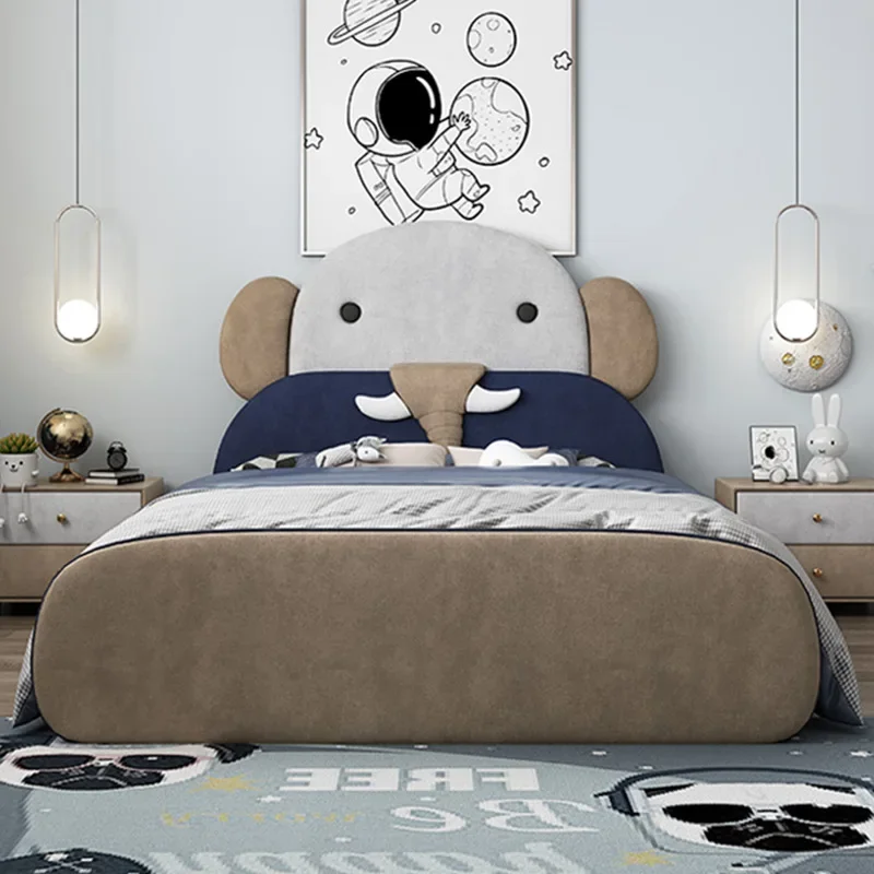 Children's flannel bed Boys soft bag bed Cartoon elephant modeling  Solid wood single 1.5 meters Girls light luxury