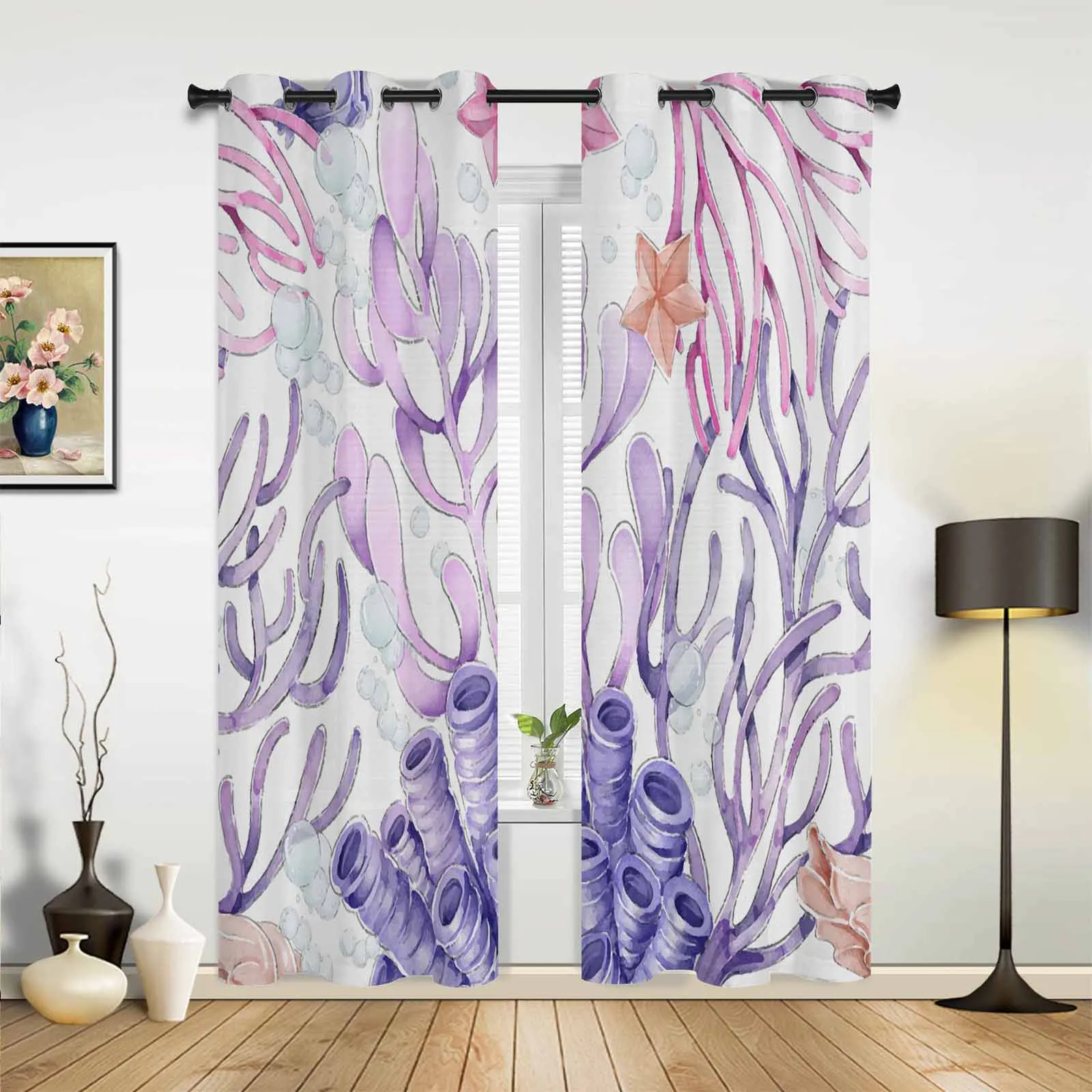 Ocean Bottom Coral Starfish Watercolor Modern Window Curtains for Living Room Bedroom Curtain Home Decor Balcony Drapes