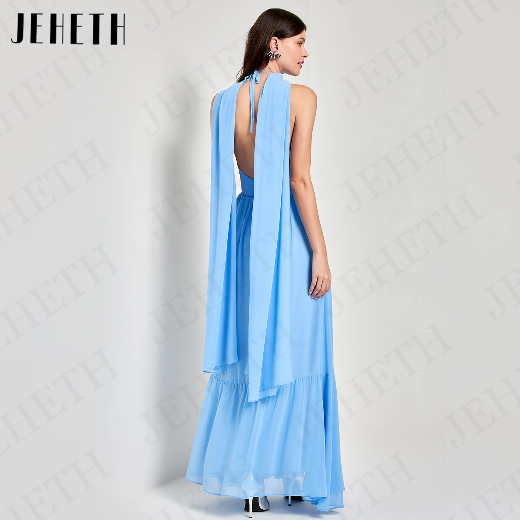 JEHETH Halter Simple Prom Dresses 2024 Backless Chiffon A Line Dinner Dress Women Elegant vestido de festa Floor Length Women