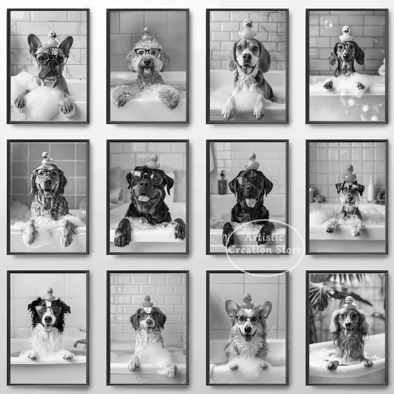 Black and White Print Pug Labradoodle Schnauzer Border Beagle Dog Poster Wall Art Canvas Painting Wall Funny Bathroom Home Decor