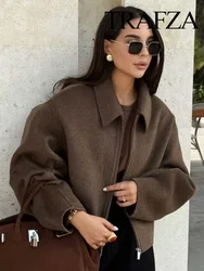 TRAFZA Autumn Women Fashion Brown Solid-color Long Sleeve Zipper Jacket Female Turn-down Collar Pockets High Street Short Coat