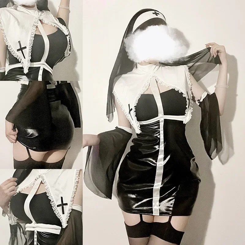 Nun Cosplay Costume Women Fancy Dress Set Halloween Party Role play Outfit Adult Sisters Dress Black Fancy Cosplay Dress