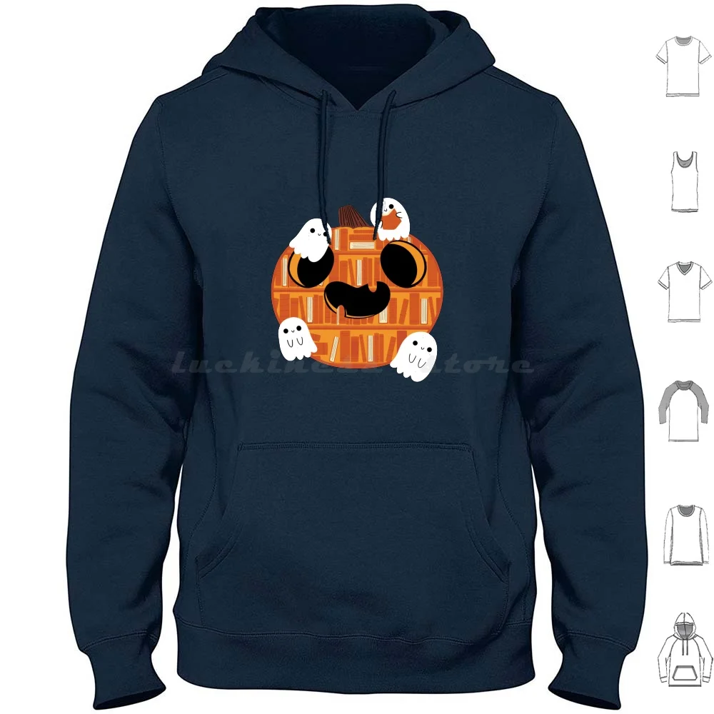 Ghost Pumpkin Library Hoodies Long Sleeve Cute Ghost Halloween Kawaii Library Books Book Nerd Geek Pumpkin Funny