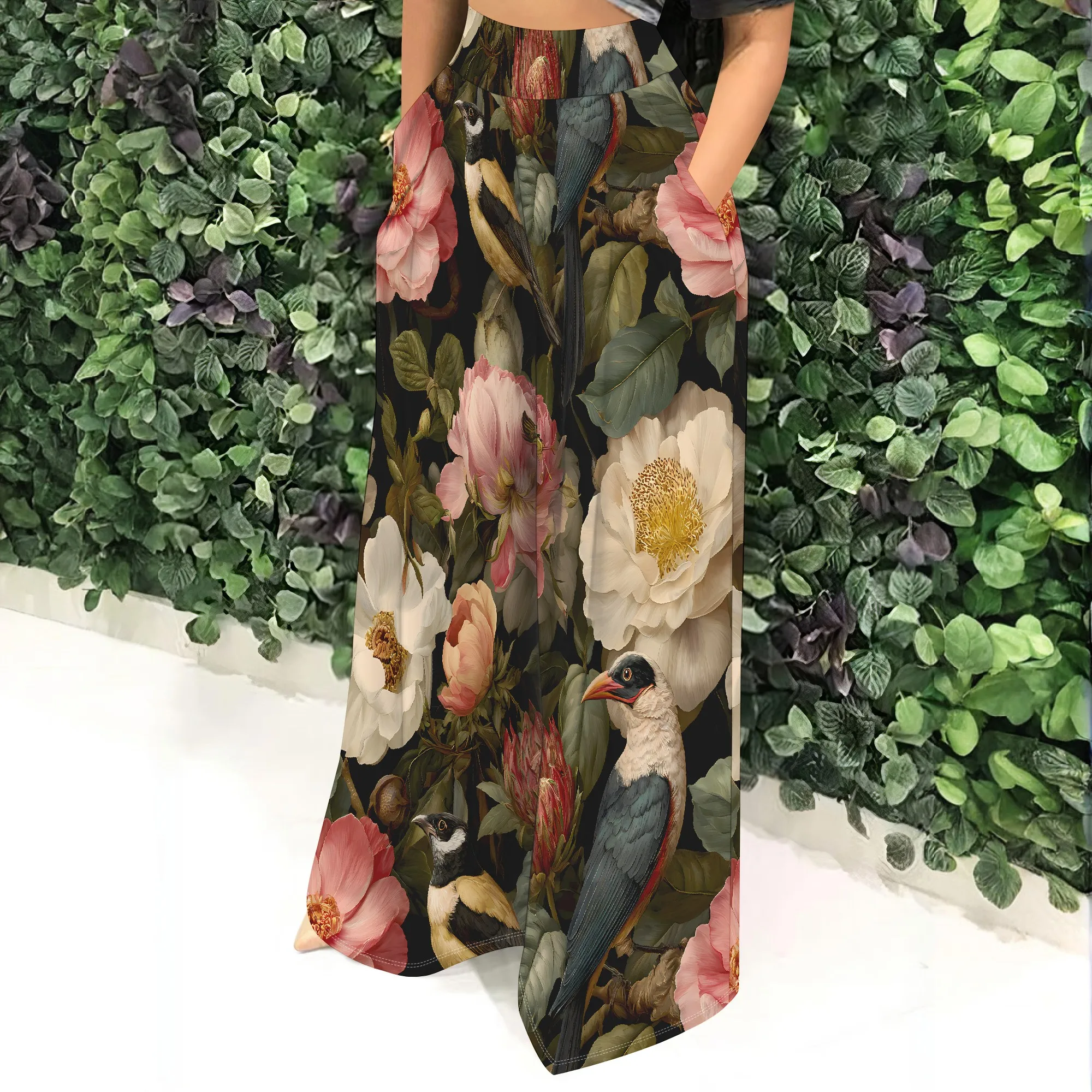Vintage Floral Bird Print, Wide Leg Pants Women, High Waist Trousers, Pocket Palazzo Pants, Casual Beach Wear S-3XL