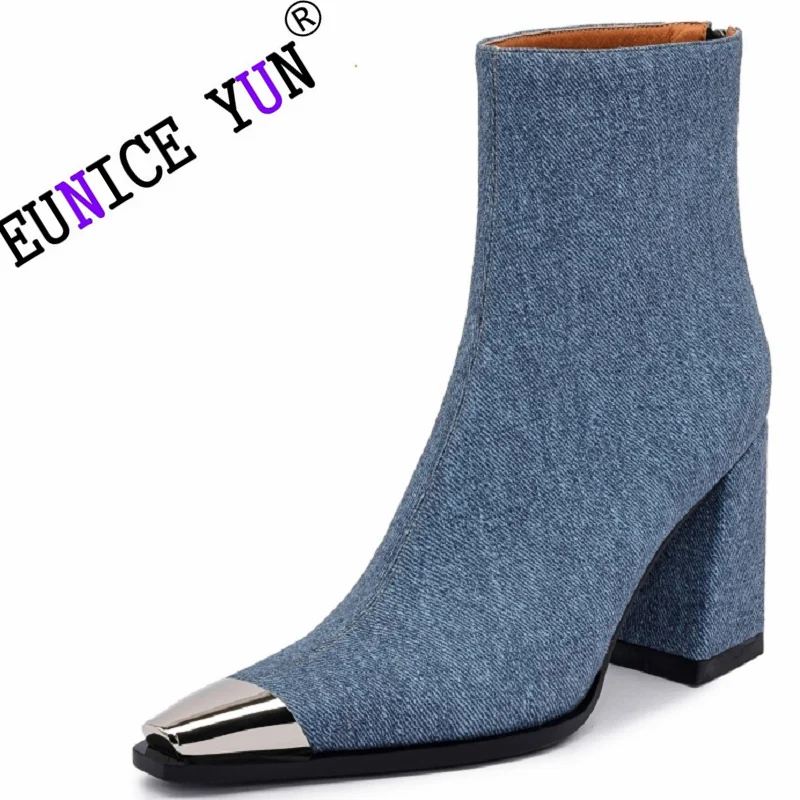 

【EUNICE YUN】New Style Fashion Ankle Boots Metal Square Toe High Heels Zipper Winter Shoes Office Ladies Outside Sexy Booties