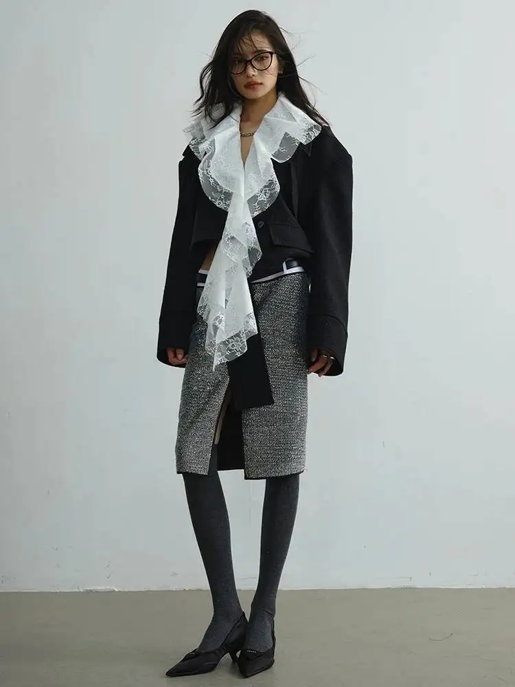 white Lace Black Size Short Irregular Woolen Coat New Lapel Long Sleeve Women Jacket Fashion Autumn Winter 2026 8N39