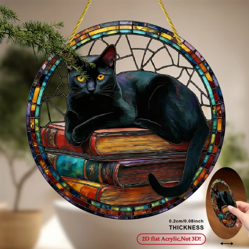 2D Flat, 80-Inch Large Bohemian Style Antique Black Cat Sun Catcher Window Hanging Decor - 2D Flat Acrylic Stained Glass Effect