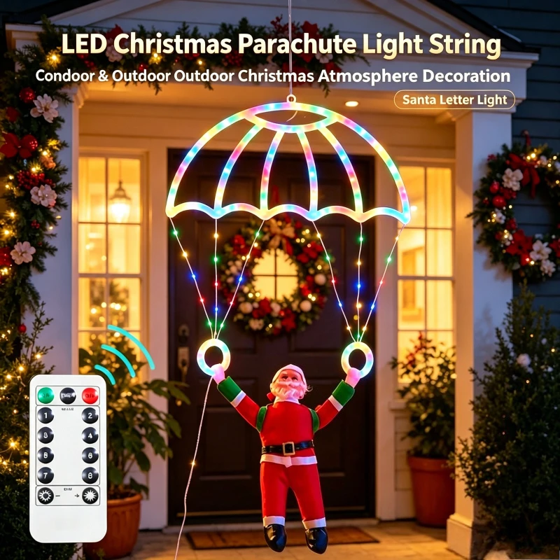 LED Santa Parachute Hanging Lights Christmas Decoration Lamp Colorful Light String for Window Tree Yard Holiday Atmosphere Decor