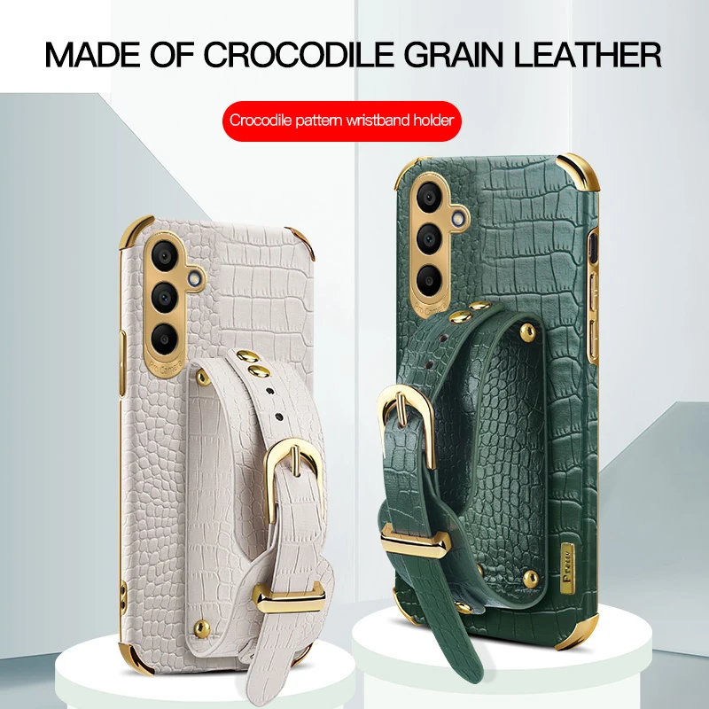 

Crocodile Leather Phone Case Wrist Strap For Samsung Galaxy A12 A16 A15 A14 A13 4G 5G Wristband Holder Stand Soft Cover Cases