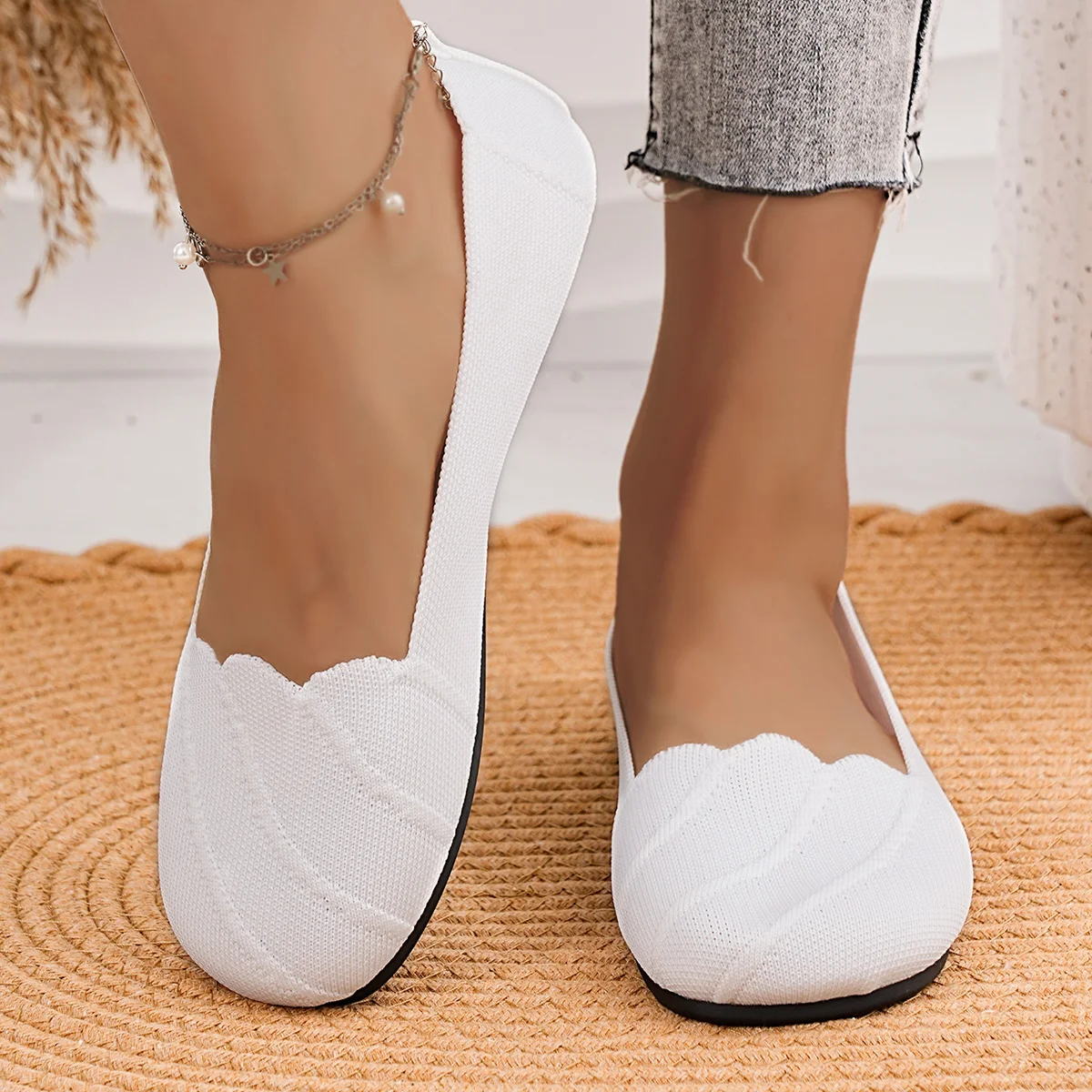 Women's Casual Flat Knitted Hollow Out Work Shoes Pure Color RoundToe Breathable Slip-On Shoes Comfortable Summer Shoes