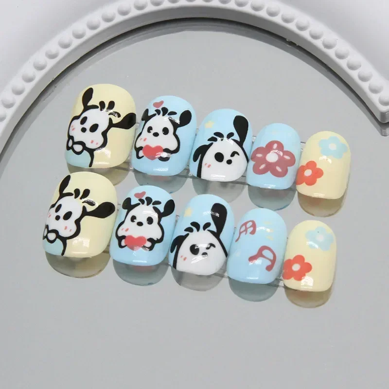 24Pcs/Set Short Oval Cartoon Milky blue False Nails Cute Cute puppy footprints childlike children Press on Nails Wear Nail Art