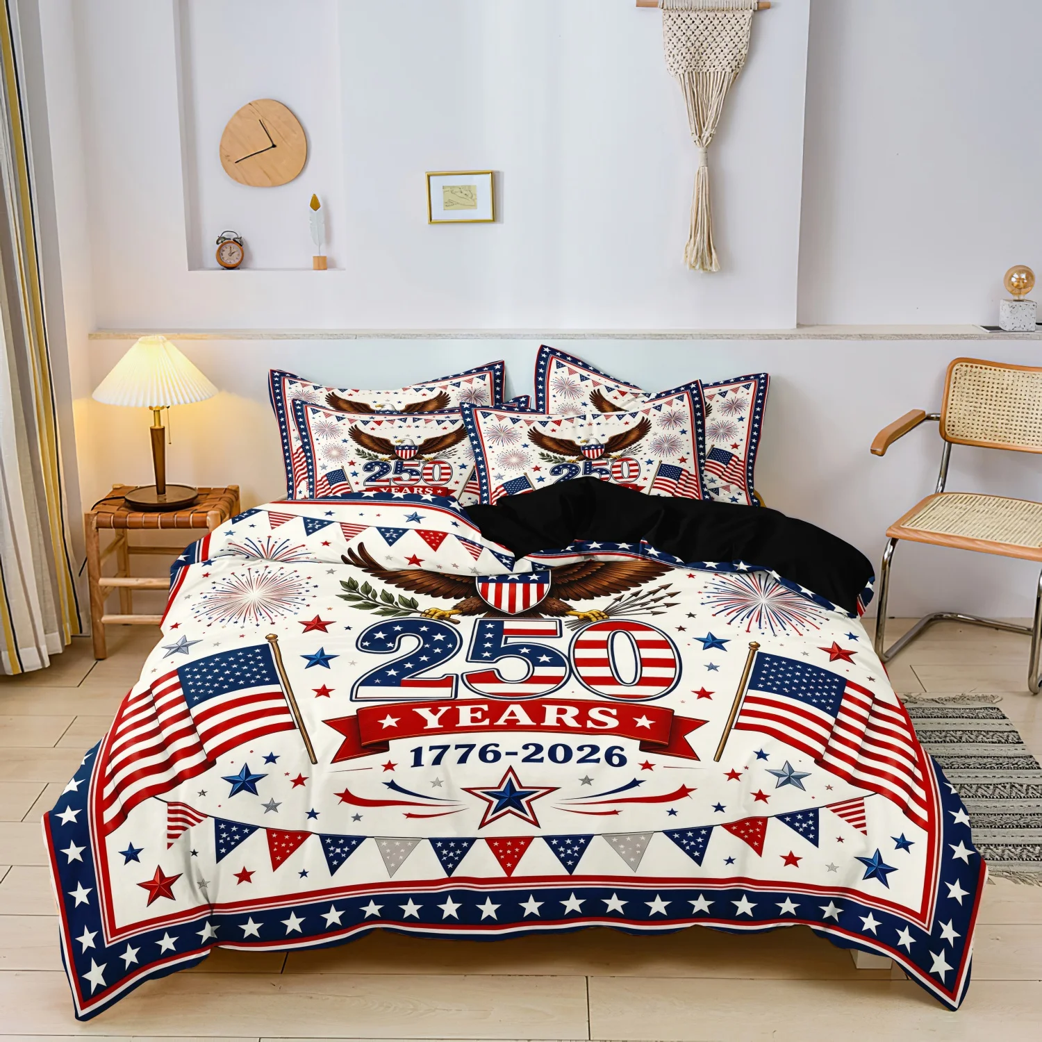 3 Pieces 250th Patriotic Eagle Duvet Cover Set, White Base US Flag Star Pennant Firework 1776-2026 Printed Bedding