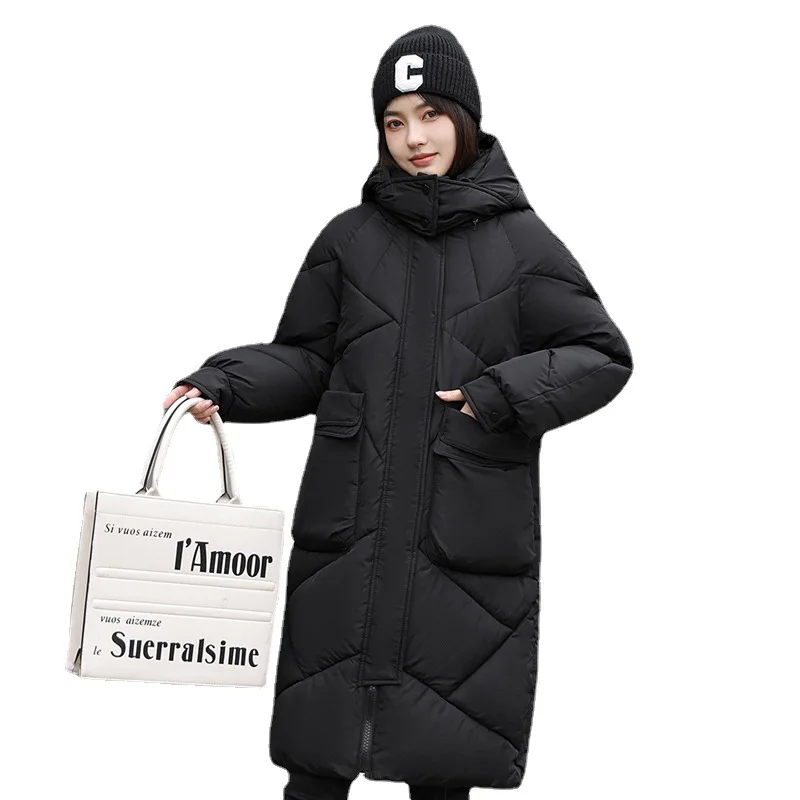 Women Parkas Coat Mid Length Solid Jacket Detachable Hooded Zipper Pocket Long Sleeve Loose Thick Office Lady Casual 2025 Winter