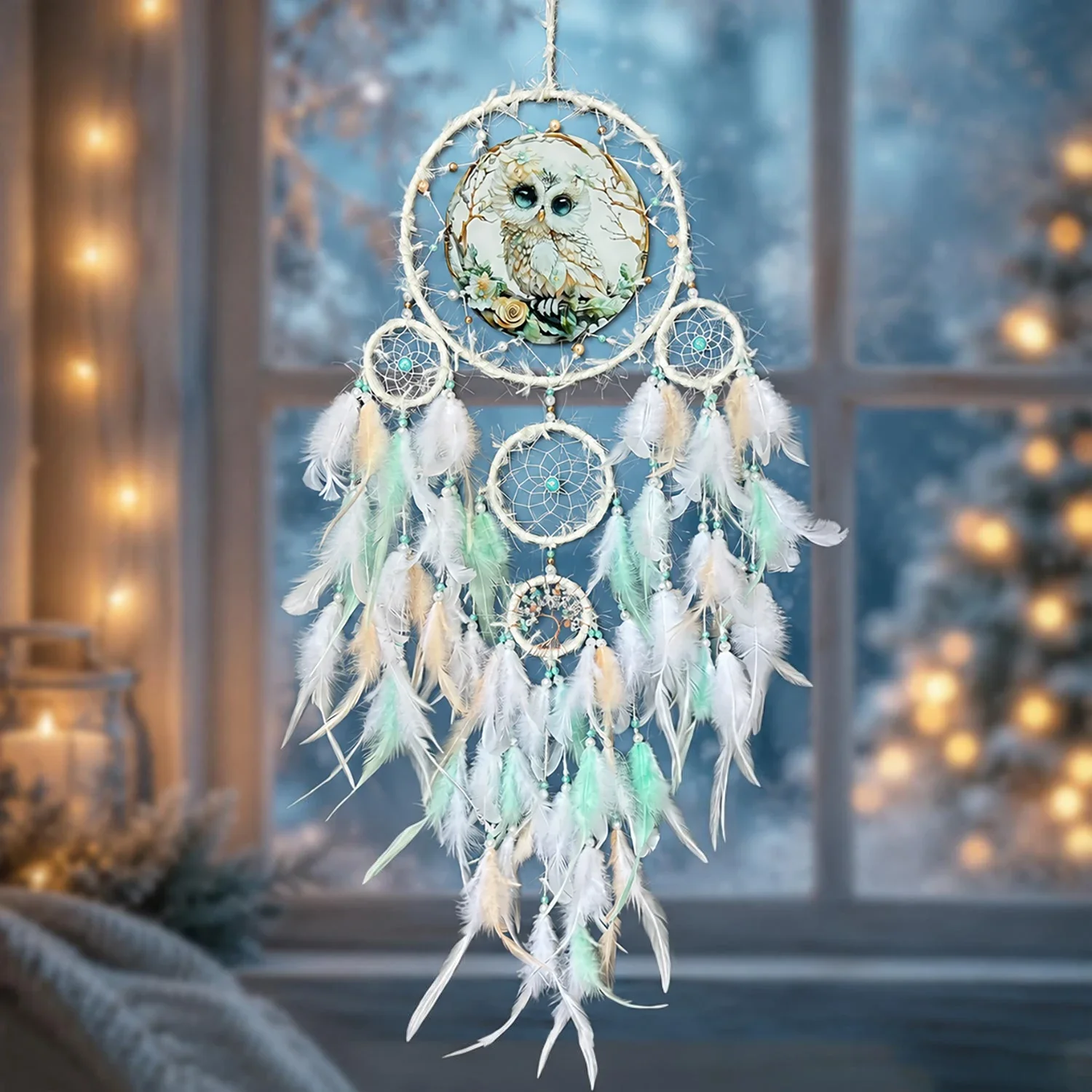 Owl Painting Dream Catcher Handmade White Green Feather Wall Hanging Bohemian Home Bedroom Decor Art Ornament Wind Chimes Gift