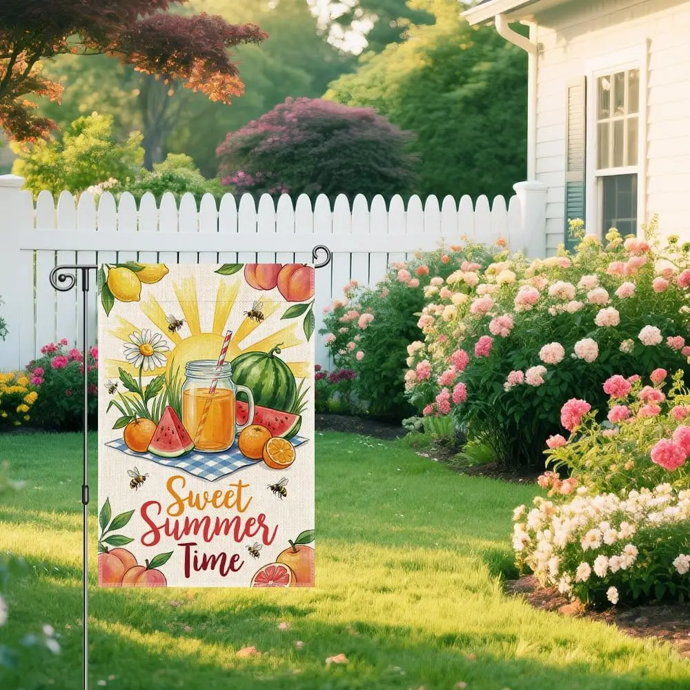 Sweet Summer Time Garden Flag for Outside, Lemonade Watermelon Juice Bee Yard Sign, Summer Picnic Camp Flag, 12x18 Double Si yyi