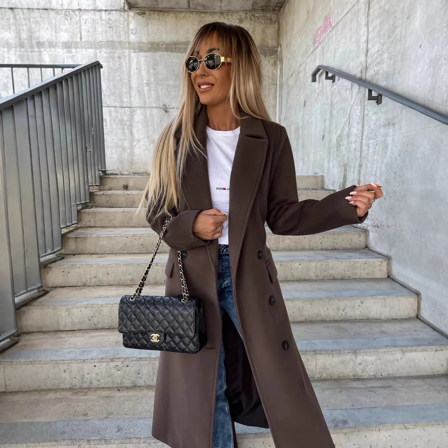 Autumn Winter Simple Long Sleeved Lapel Button Split Woolen Coat For Women Casaco Feminino