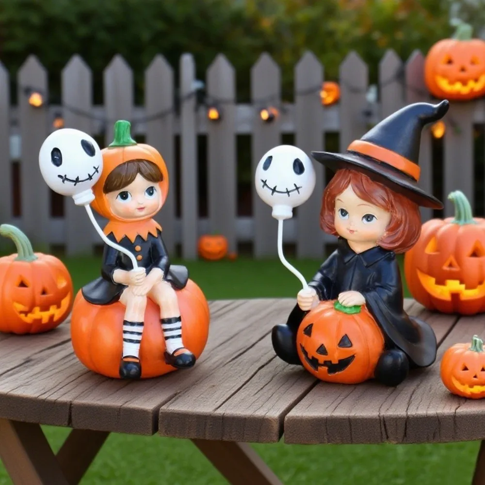 

2pcs Witch Doll Halloween Statues Resin Funny Pumpkin Girl Figurines Creative Cartoon Halloween Party Ornaments