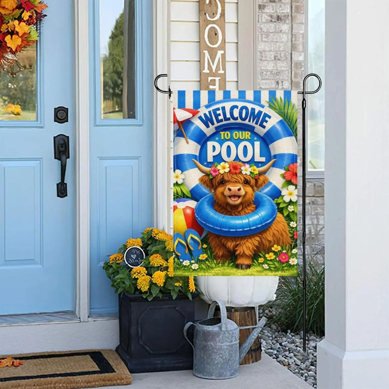 Summer Garden Flag 12x18Inch,Welcome To Our Pool Funny Highland Cow Blue White Lifebuoy Beach Outdoor Decor,Animal Floral Pa AAS