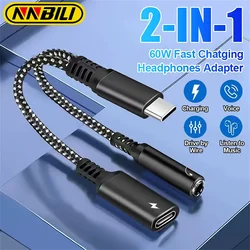 NNBILI 2in1 USBC To 3.5mm Headphone Jack Type C PD 60W Charge Audio Aux Adaptor for iPhone 15 iPad Pro Samsung S24 Xiaomi Huawei