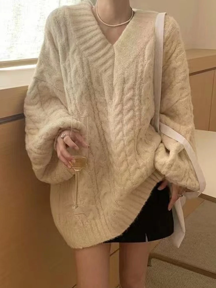 Jielur Autumn Winter New Chic Knitted Pullovers Woman Loose Retro Fashion Pullovers Casual Grey Pink Apricot Light Green Sweater