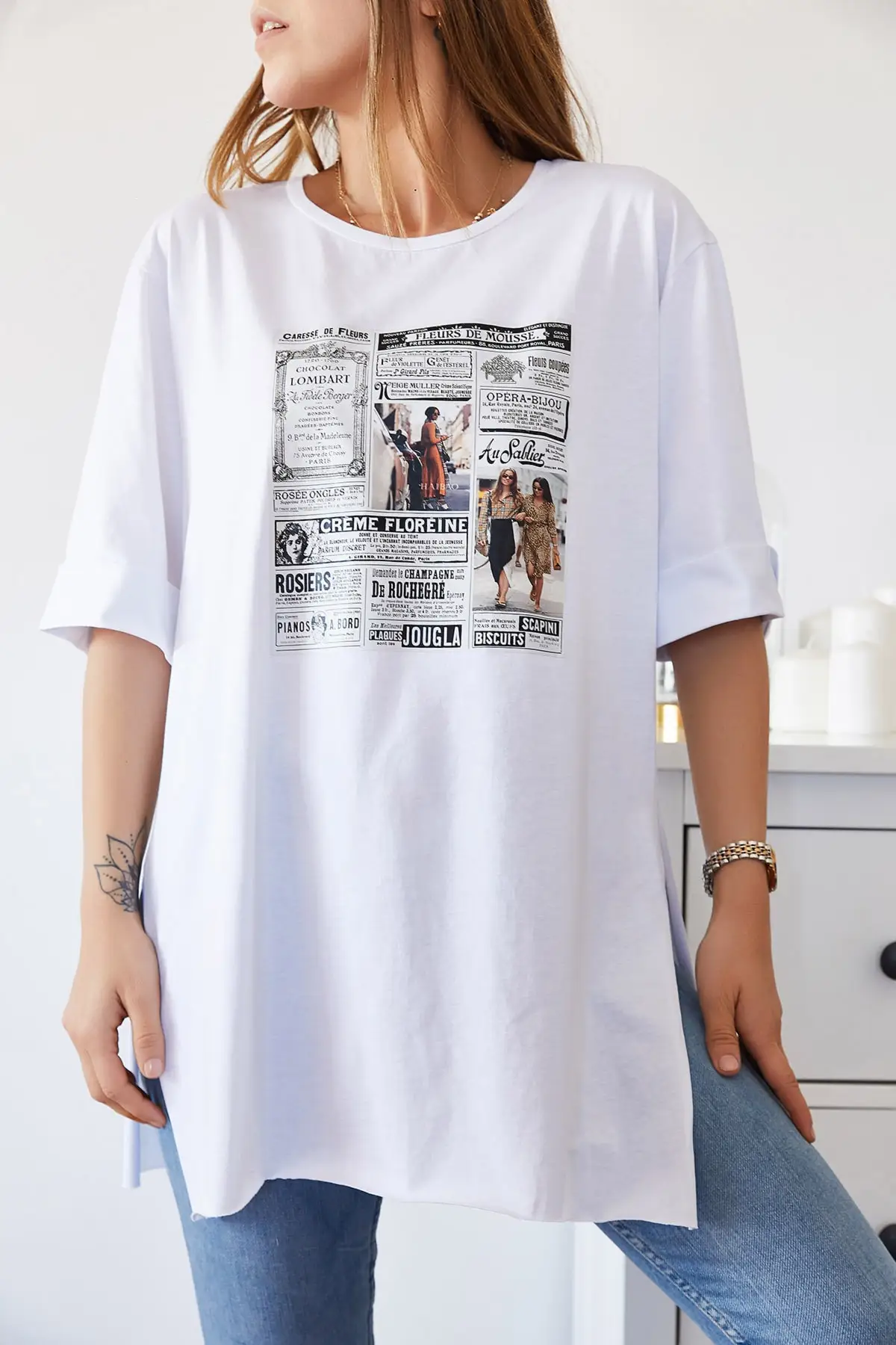 Women's White Newspaper Printed Boyfriend Slit T-Shirt Casual Sports Casual Wear New Fashion Summer Clothes Teen Design Dresses